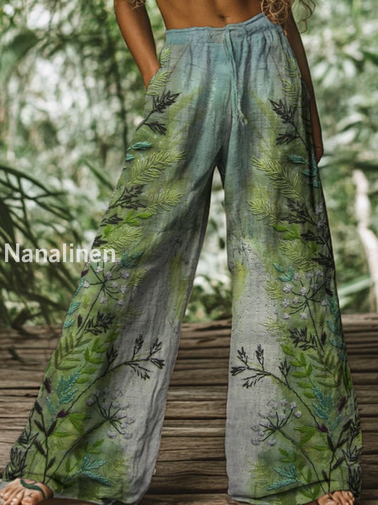 Retro Boho Floral Printed Casual Loose Cotton Straight Wide Pants A / S