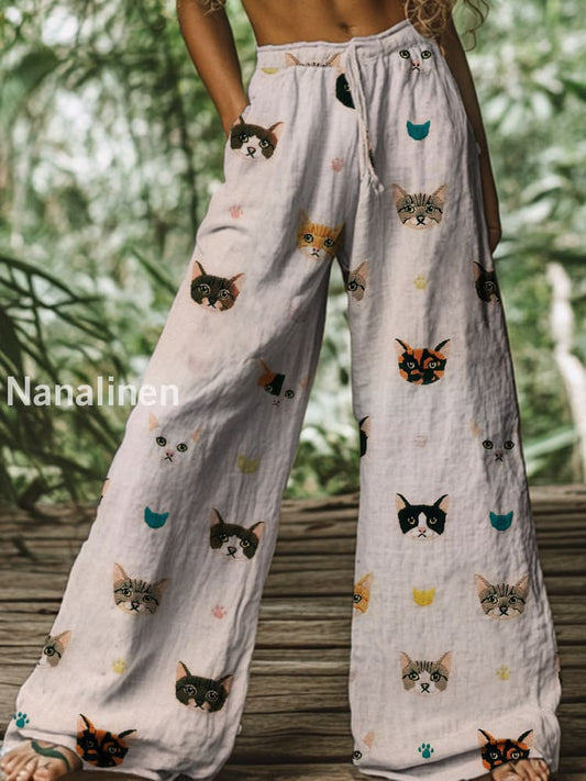 Retro Boho Floral Printed Casual Loose Cotton Straight Wide Pants A / S