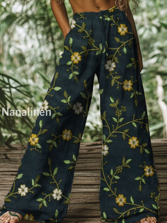 Retro Boho Floral Printed Casual Loose Cotton Straight Wide Pants A / S