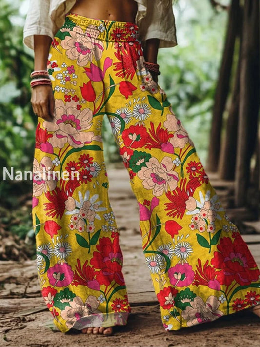 Retro Boho Floral Printed Casual Loose Cotton Straight Wide Pants A / S