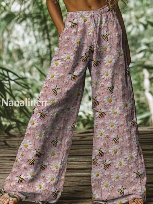 Retro Boho Floral Printed Casual Loose Cotton Straight Wide Pants A / S