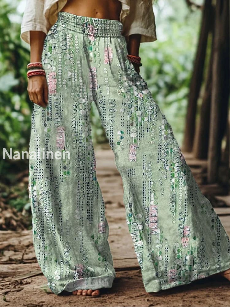 Retro Boho Floral Printed Casual Loose Cotton Straight Wide Pants A / S