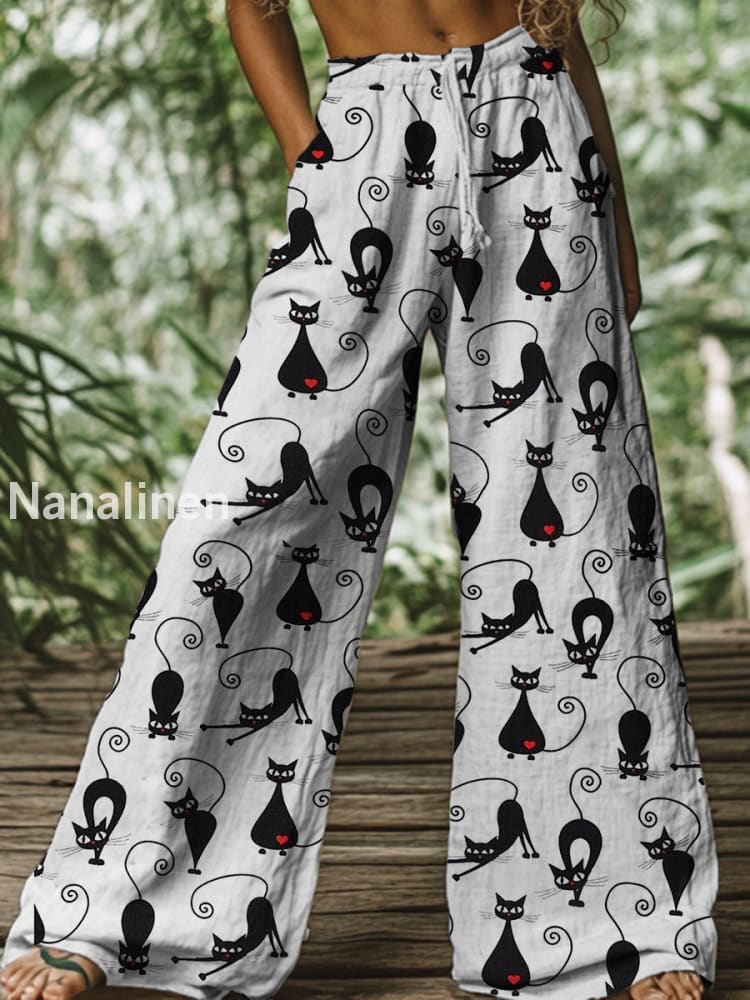 Retro Boho Floral Printed Casual Loose Cotton Straight Wide Pants A / S