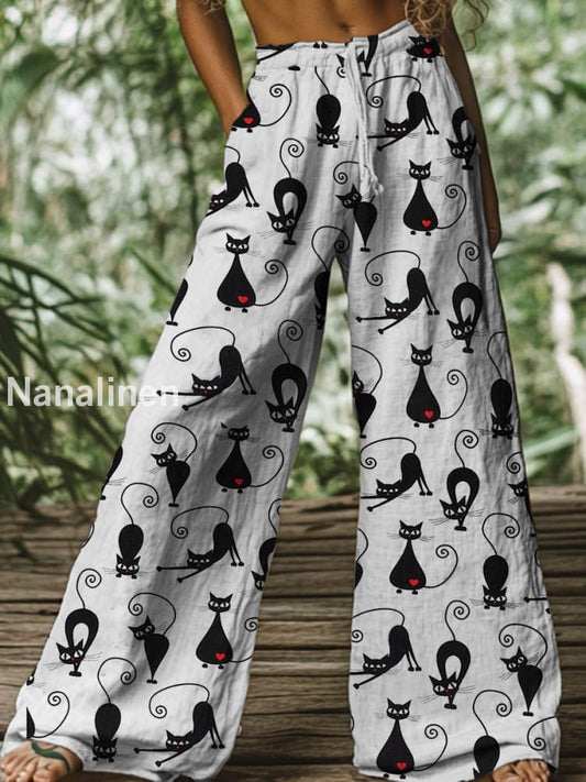 Retro Boho Floral Printed Casual Loose Cotton Straight Wide Pants A / S