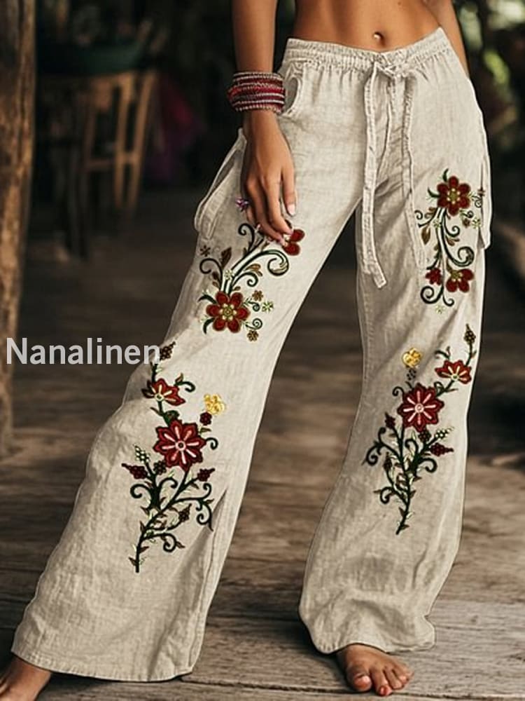 Retro Boho Floral Printed Casual Loose Cotton Straight Wide Pants B / S
