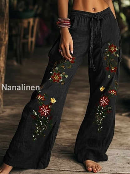 Retro Boho Floral Printed Casual Loose Cotton Straight Wide Pants C / S