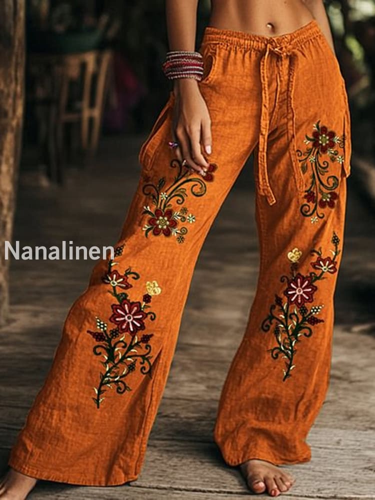 Retro Boho Floral Printed Casual Loose Cotton Straight Wide Pants D / S