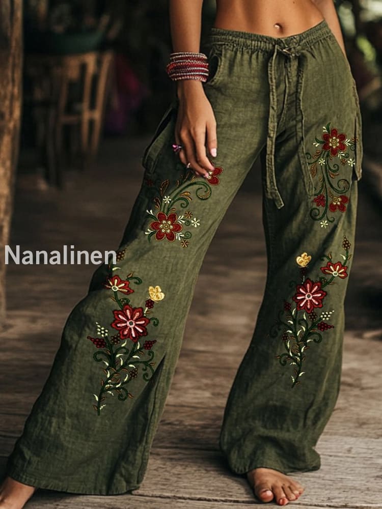 Retro Boho Floral Printed Casual Loose Cotton Straight Wide Pants E / S