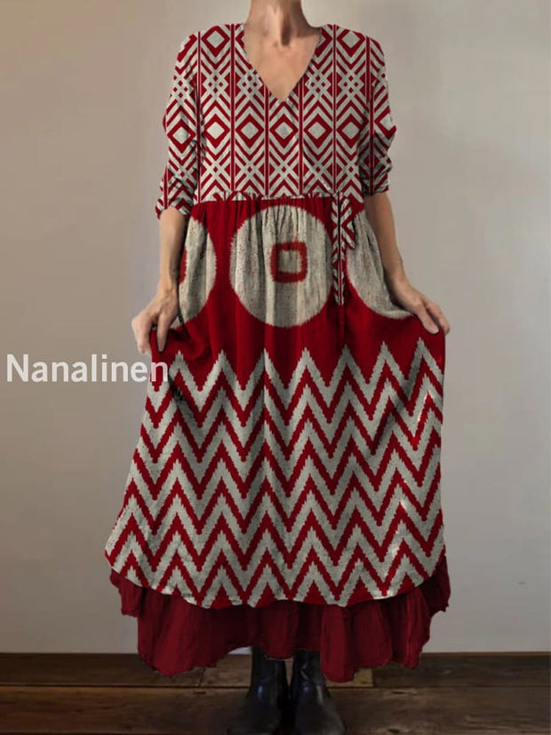 Retro Boho Geometric Print Vintage V-Neck Double Hemline Cotton Long Sleeve Midi Dress A / S