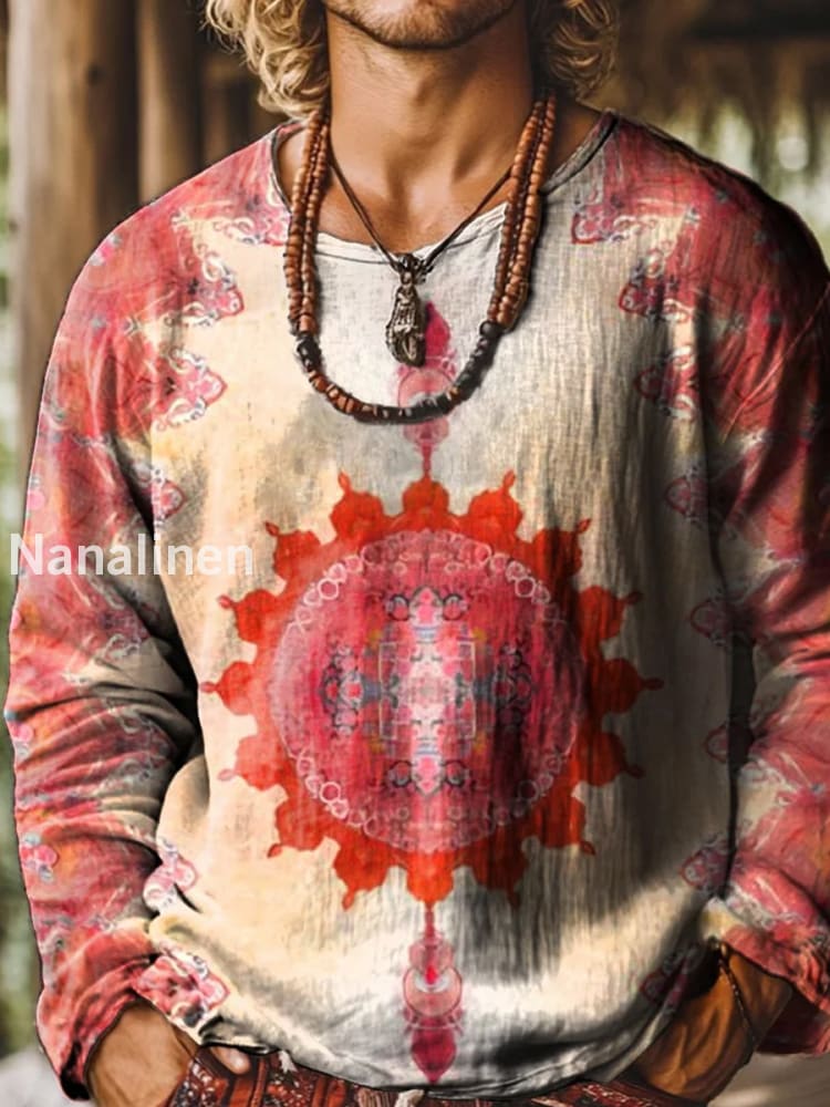 Retro Boho Texture Pattern Printed Village Round Neck Long Sleeved Sweatshirt A / S