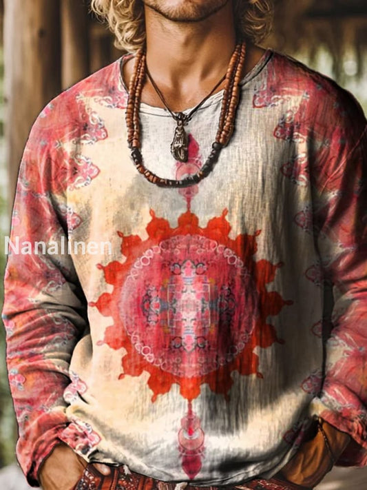 Retro Boho Texture Pattern Printed Village Round Neck Long Sleeved Sweatshirt A / S