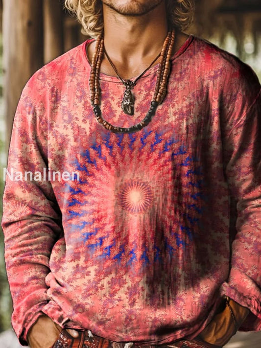 Retro Boho Texture Pattern Printed Village Round Neck Long Sleeved Sweatshirt A / S