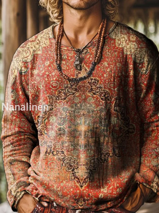 Retro Boho Texture Pattern Printed Village Round Neck Long Sleeved Sweatshirt A / S