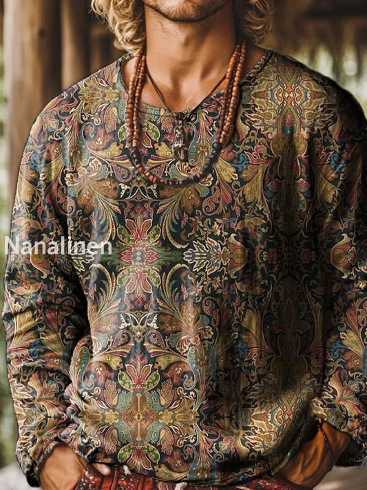 Retro Boho Texture Pattern Printed Village Round Neck Long Sleeved Sweatshirt A / S