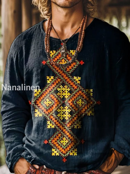 Retro Boho Texture Pattern Printed Village Round Neck Long Sleeved Sweatshirt A / S