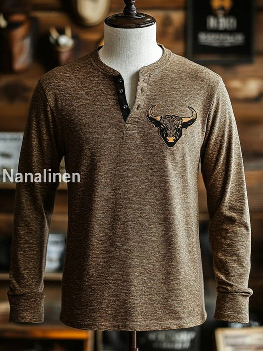 Retro Bull Texture Pattern Printed Western V-Neck Henley Long Sleeved Shirt A / S