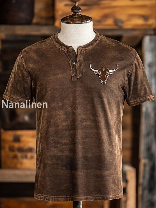 Retro Bull Texture Pattern Printed Western V-Neck Henley Short Sleeved Shirt A / S