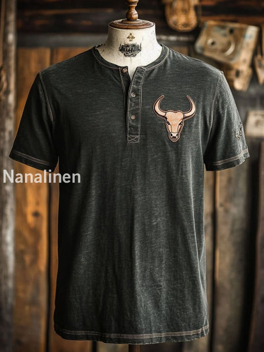 Retro Bull Texture Pattern Printed Western V-Neck Henley Short Sleeved Shirt A / S