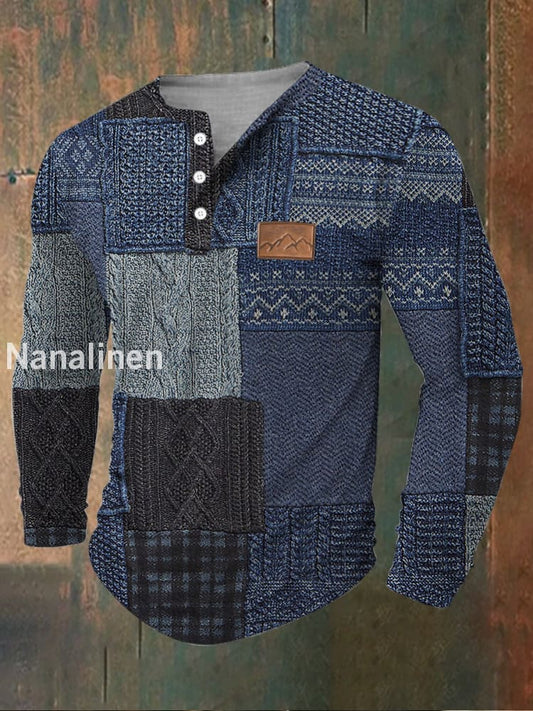 Retro Check Texture Pattern Printed Western V-Neck Henley Long Sleeved Shirt A / S
