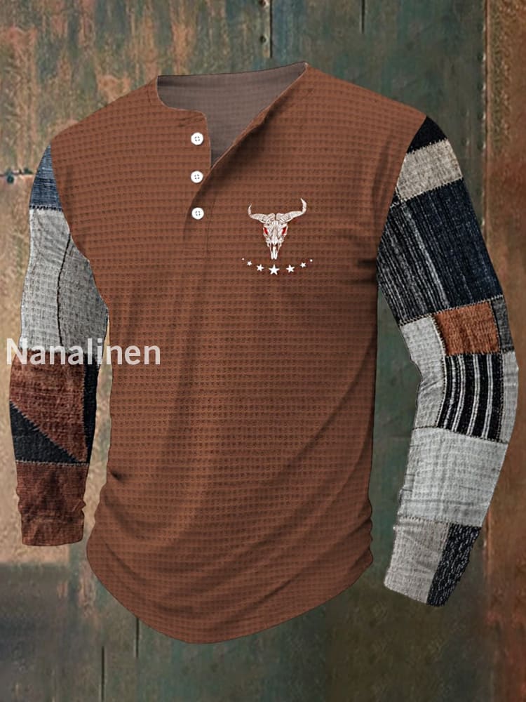 Retro Check Texture Pattern Printed Western V-Neck Henley Long Sleeved Shirt A / S