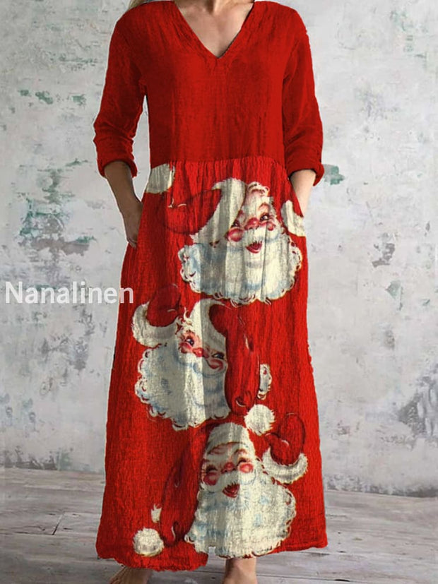 Retro Christmas Art Print Chic V Neck Three Quarter Sleeve Elegant Midi Dress A / S