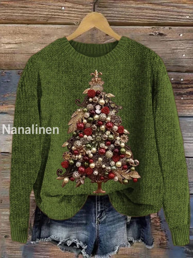 Retro Christmas Tree Art Print Casual Round Neck Long Sleeve Sweater Top A / S