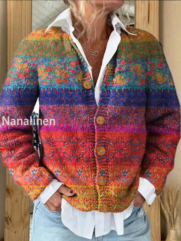 Retro Colorful Floral Art Print Button Cardigan Sweater A / S