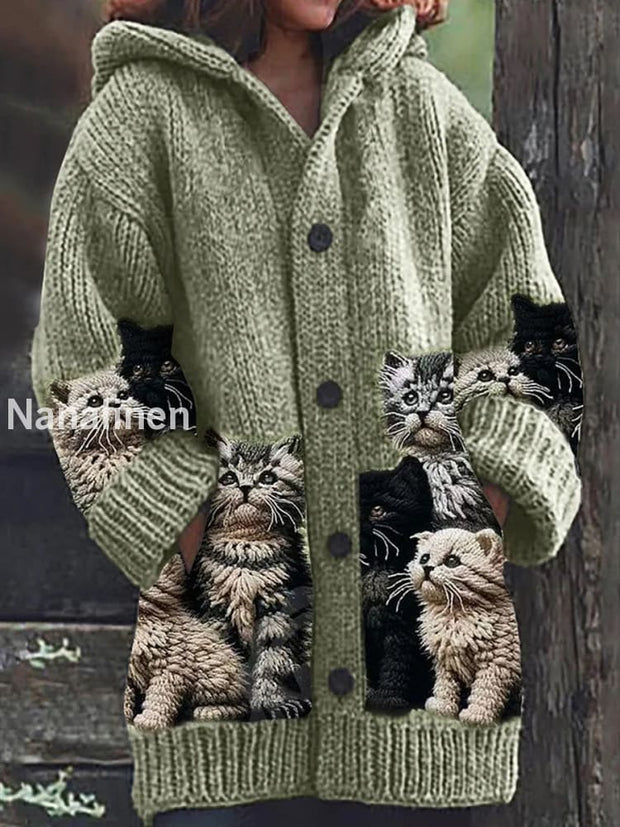 Retro Cute Cat Print Button Up Thick Long-Sleeved Hooded Cardigan Knit Sweater A / S