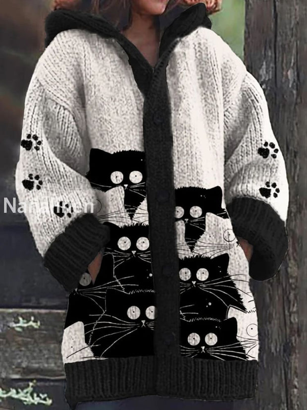 Retro Cute Cat Print Button Up Thick Long-Sleeved Hooded Cardigan Knit Sweater A / S