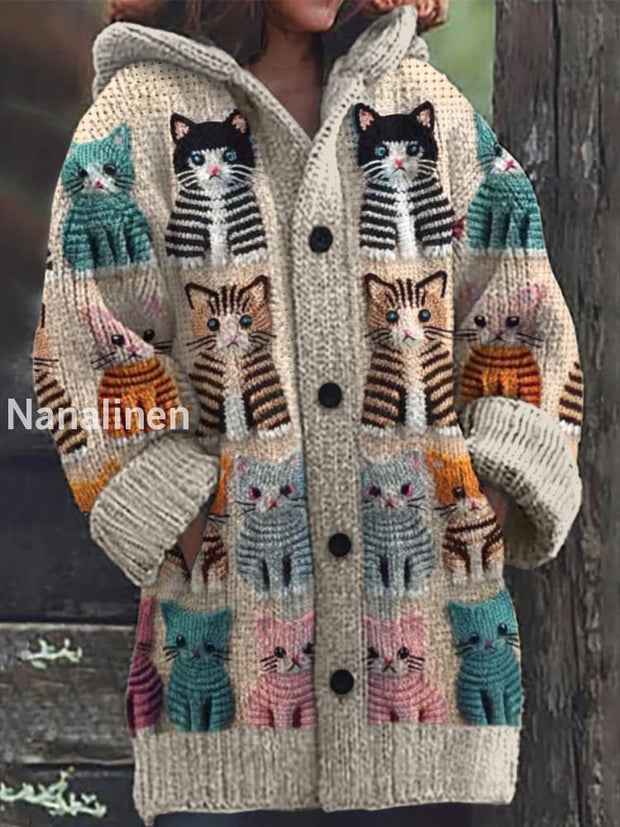 Retro Cute Cat Print Button Up Thick Long-Sleeved Hooded Cardigan Knit Sweater A / S