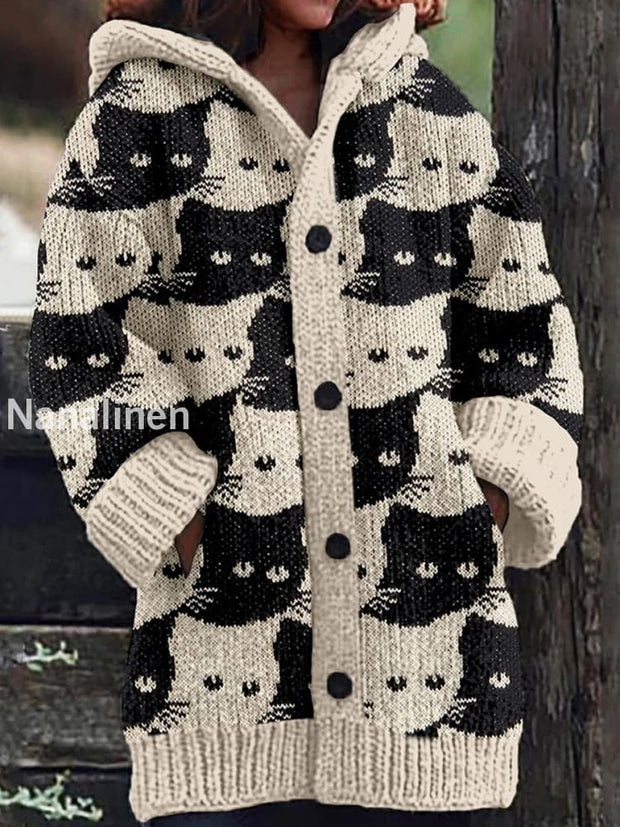 Retro Cute Cat Print Button Up Thick Long-Sleeved Hooded Cardigan Knit Sweater A / S