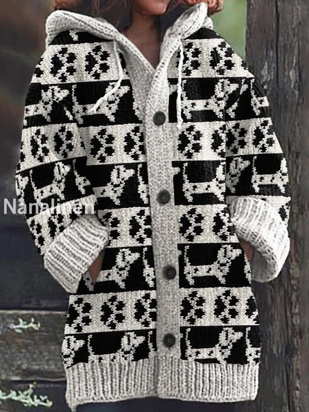 Retro Cute Cat Print Button Up Thick Long-Sleeved Hooded Cardigan Knit Sweater A / S