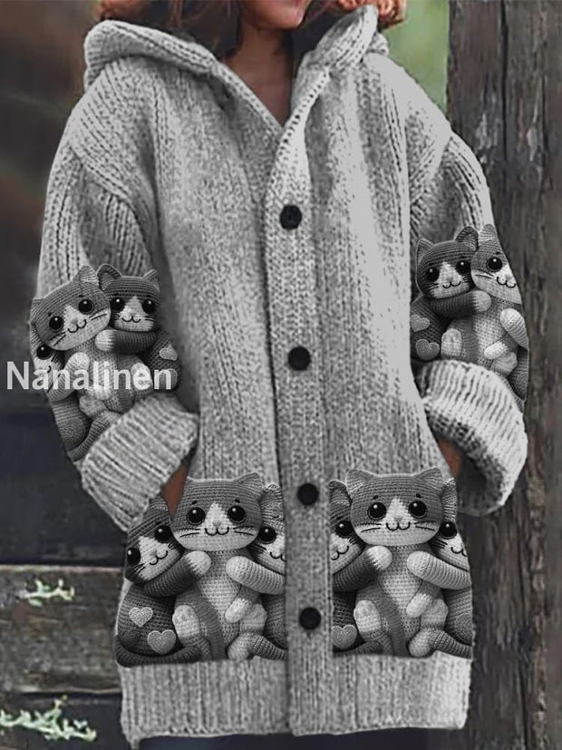 Retro Cute Cat Print Button Up Thick Long-Sleeved Hooded Cardigan Knit Sweater A / S