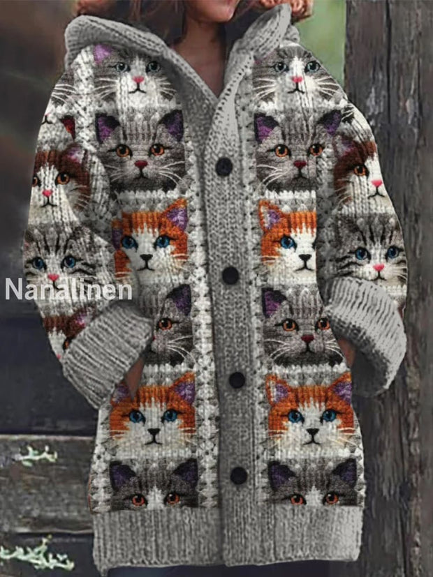 Retro Cute Cat Print Button Up Thick Long-Sleeved Hooded Cardigan Knit Sweater A / S