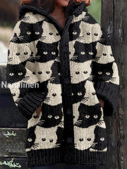 Retro Cute Cat Print Button Up Thick Long-Sleeved Hooded Cardigan Knit Sweater B / S