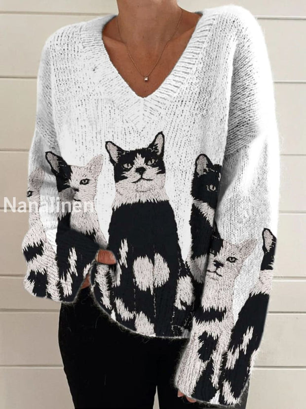 Retro Cute Cat Print Vintage Chic V-Neck Long Sleeve Thick Knit Sweater A / S