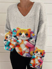 Retro Cute Cat Print Vintage Chic V-Neck Long Sleeve Thick Knit Sweater A / S