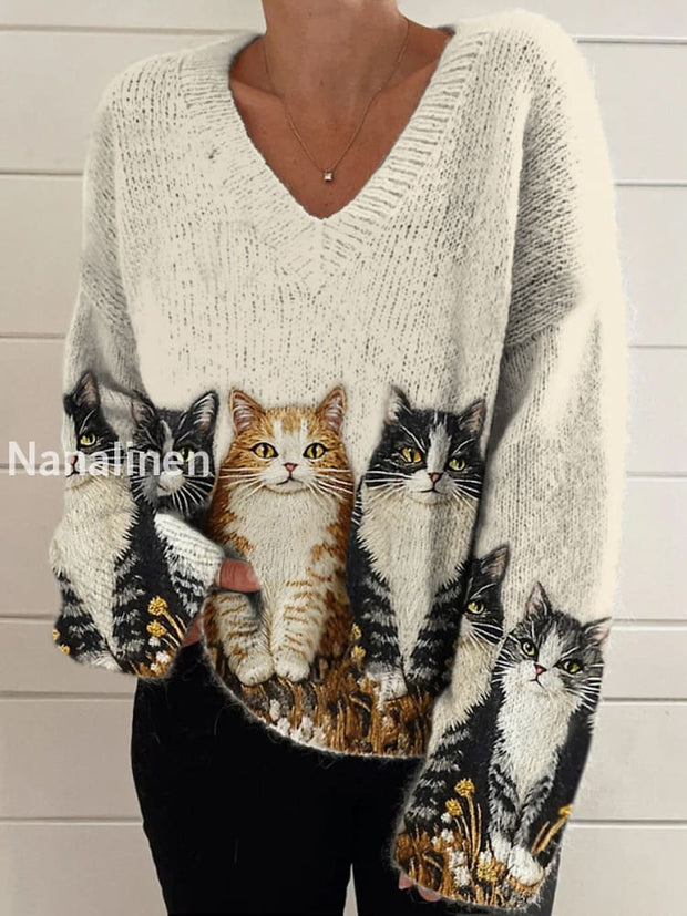 Retro Cute Cat Print Vintage Chic V-Neck Long Sleeve Thick Knit Sweater A / S