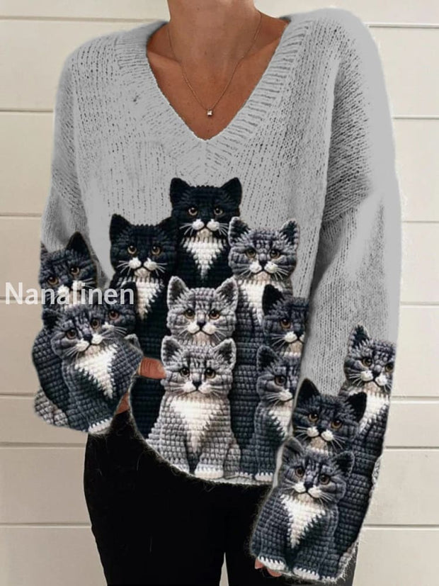 Retro Cute Cat Print Vintage Chic V-Neck Long Sleeve Thick Knit Sweater A / S