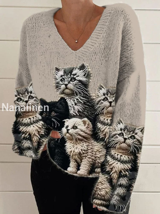 Retro Cute Cat Print Vintage Chic V-Neck Long Sleeve Thick Knit Sweater A / S