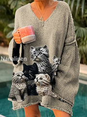 Retro Cute Cat Print Vintage Loose Chic V-Neck Long Sleeve Thick Knit Sweater A / S