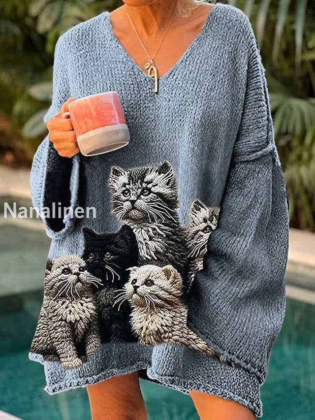 Retro Cute Cat Print Vintage Loose Chic V-Neck Long Sleeve Thick Knit Sweater B / S