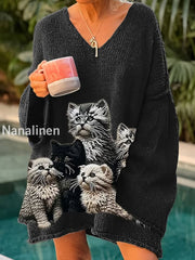 Retro Cute Cat Print Vintage Loose Chic V-Neck Long Sleeve Thick Knit Sweater D / S