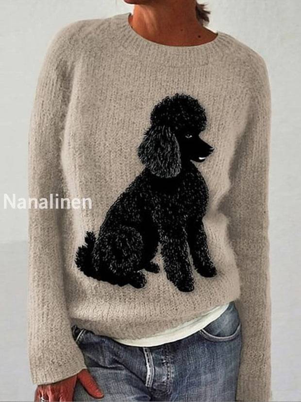 Retro Cute Dog Printed Crew-Neck Comfortable Cotton Blend Long-Sleeved Knit Sweatshirt A / S