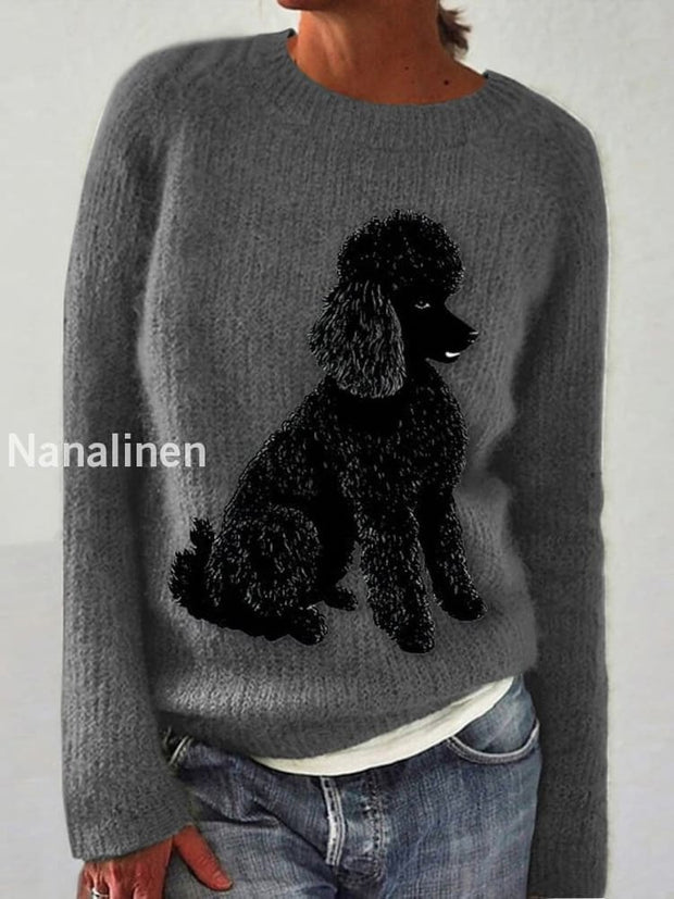 Retro Cute Dog Printed Crew-Neck Comfortable Cotton Blend Long-Sleeved Knit Sweatshirt D / S