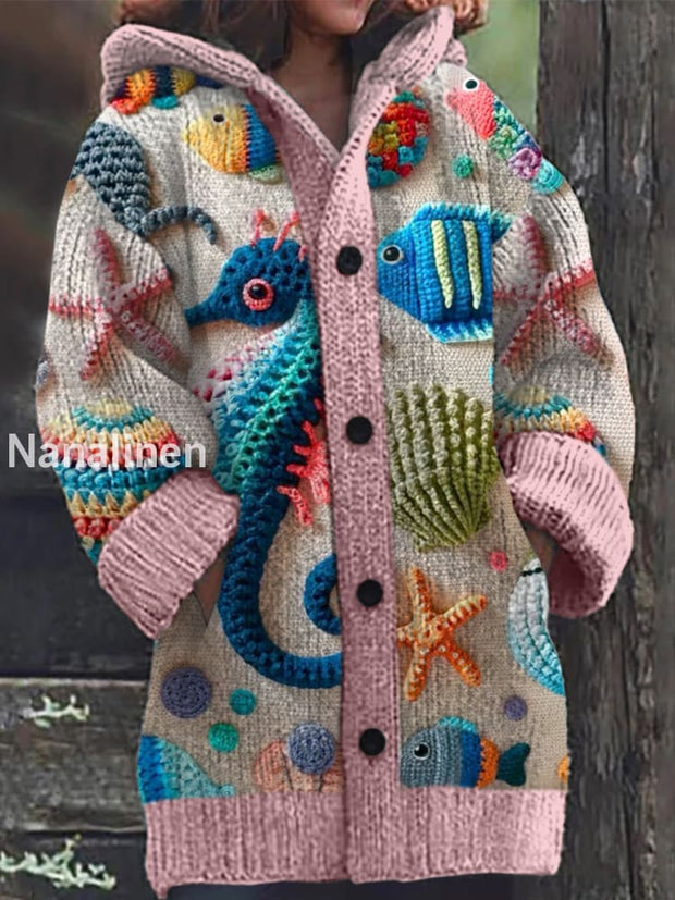 Retro Cute Fish Print Button Up Thick Long-Sleeved Hooded Cardigan Knit Sweater A / S