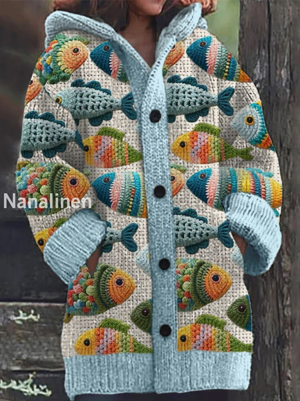 Retro Cute Fish Print Button Up Thick Long-Sleeved Hooded Cardigan Knit Sweater A / S