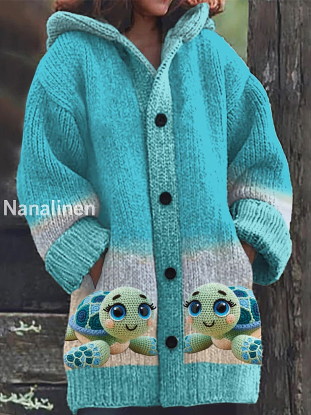 Retro Cute Turtle Print Button Up Thick Long-Sleeved Hooded Cardigan Knit Sweater A / S