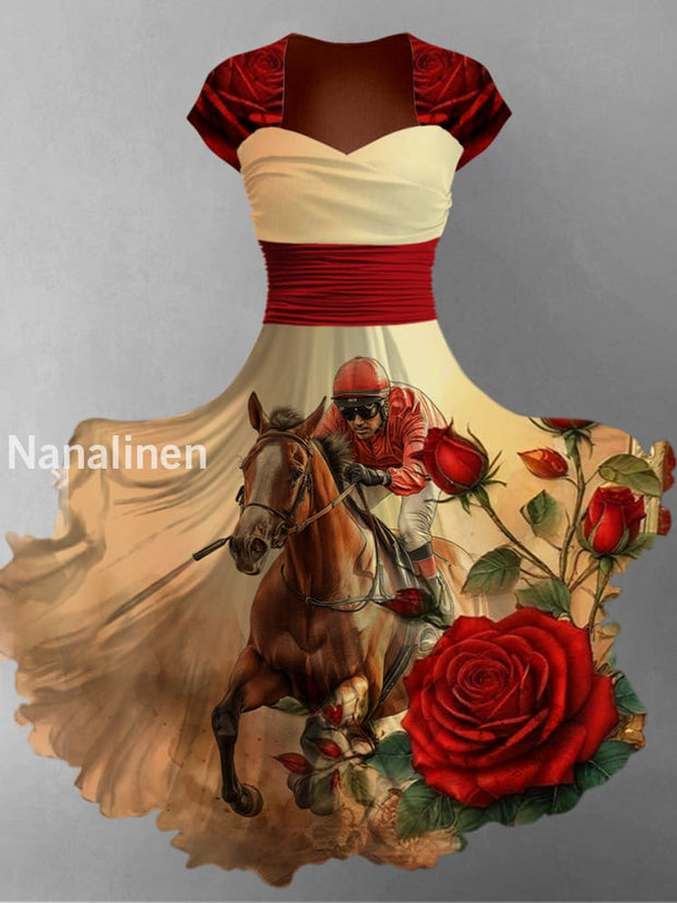 Retro Dreby Horse Art Printed Vintage V-Neck Pleated Waist Short Sleeve Midi Dress A / S