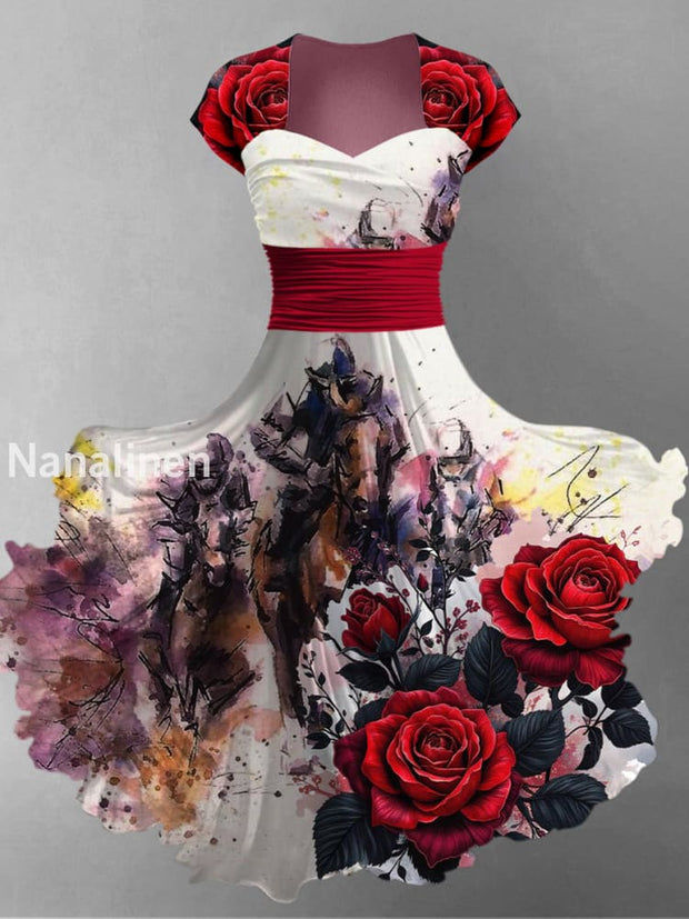 Retro Dreby Horse Art Printed Vintage V-Neck Pleated Waist Short Sleeve Midi Dress A / S